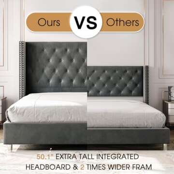 PaPaJet Upholstered King Size Bed Frame with Tall Headboard, Wingback Platform Bed, Velvet Tufted Button,No Box Spring Needed, Easy Assembly, Grey