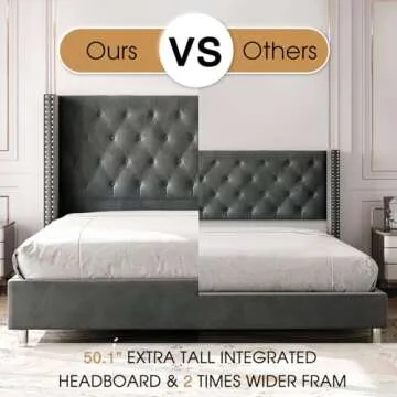 PaPaJet Upholstered King Size Bed Frame with Tall Headboard, Wingback Platform Bed, Velvet Tufted Button,No Box Spring Needed, Easy Assembly, Grey