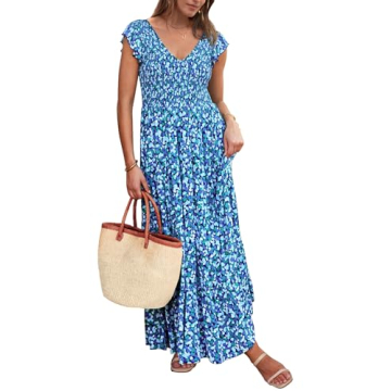 PRETTYGARDEN Women's Summer Flowy Maxi Dress Casual Cap Sleeve V Neck Smocked Beach Sundress