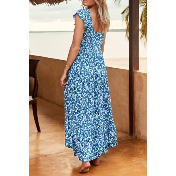PRETTYGARDEN Women's Summer Flowy Maxi Dress Casual Cap Sleeve V Neck Smocked Beach Sundress