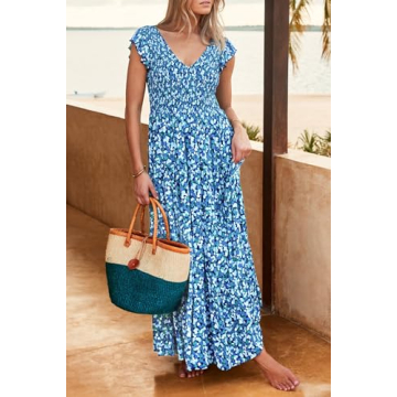 PRETTYGARDEN Women's Summer Flowy Maxi Dress Casual Cap Sleeve V Neck Smocked Beach Sundress