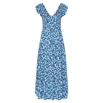 PRETTYGARDEN Women's Summer Flowy Maxi Dress Casual Cap Sleeve V Neck Smocked Beach Sundress