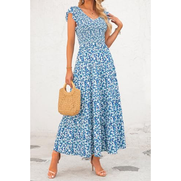 PRETTYGARDEN Women's Summer Flowy Maxi Dress Casual Cap Sleeve V Neck Smocked Beach Sundress