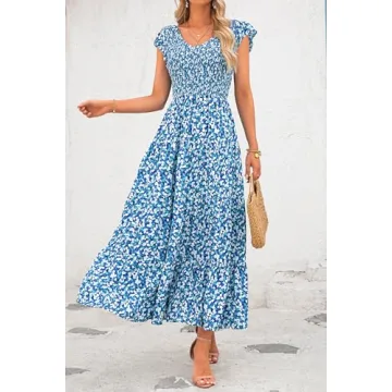 PRETTYGARDEN Women's Summer Flowy Maxi Dress Casual Cap Sleeve V Neck Smocked Beach Sundress