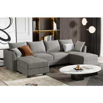 HONBAY Modular Sectional Sofa with Storage U Shaped Modular Sofa 6-Seater Sectional Couch for Living Room, Grey