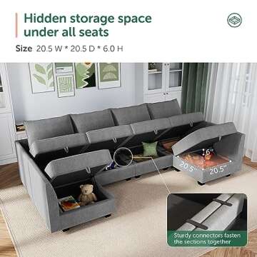 HONBAY Modular Sectional Sofa with Storage U Shaped Modular Sofa 6-Seater Sectional Couch for Living Room, Grey