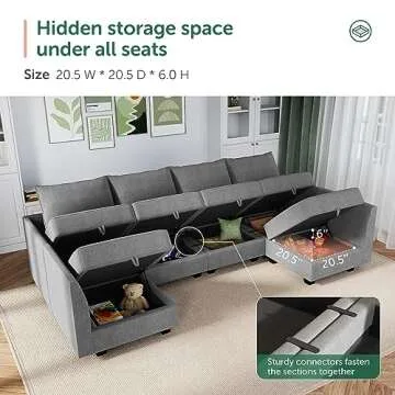 HONBAY Modular Sectional Sofa with Storage U Shaped Modular Sofa 6-Seater Sectional Couch for Living Room, Grey