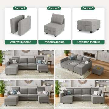 HONBAY Modular Sectional Sofa with Storage U Shaped Modular Sofa 6-Seater Sectional Couch for Living Room, Grey
