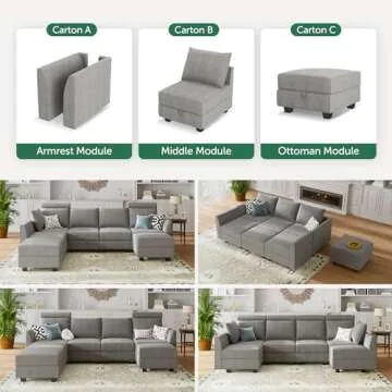 HONBAY Modular Sectional Sofa with Storage U Shaped Modular Sofa 6-Seater Sectional Couch for Living Room, Grey