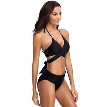 SHEKINI Women Push Up Bikini Wrap Halter Bandage Swimwear Ruched 2 Piece Swimsuit(Medium, Manhattan Black)