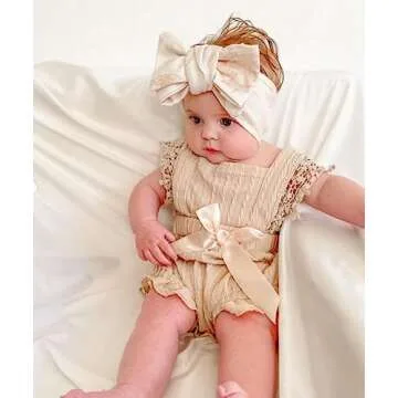 Douhoow Infant Baby Girl Plaid Romper Baby Short Sleeve Pleated Romper Bodysuit Summer Spring Outfits (Beige, 12-18 Months)