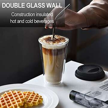 DICTEA Double Wall Glass Tumbler - 14-Oz Reusable Coffee & Tea Cup, Clear Travel Mug, On the Go, Recyclable, Microwavable, Hand Blown - Black 1