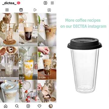 DICTEA Double Wall Glass Tumbler - 14-Oz Reusable Coffee & Tea Cup, Clear Travel Mug, On the Go, Recyclable, Microwavable, Hand Blown - Black 1