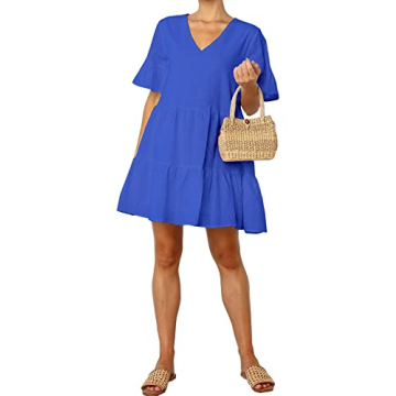 FANCYINN Blue Tunic Mini Dress Short Sleeve Ruffle Dress