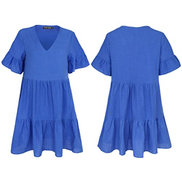 FANCYINN Blue Tunic Mini Dress Short Sleeve Ruffle Dress