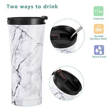 17 oz Leak Proof Travel Coffee Tumbler,Stainless Mug with Lid and Straw for Women and Men,Marble