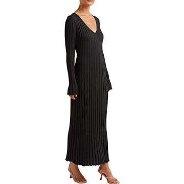 ECDAHICC Women's Sexy Ribbed Knit Sweater Dress Casual Long Sleeve V Neck Bodycon Pleated A Line Long Dress Streetwear (BL,S)