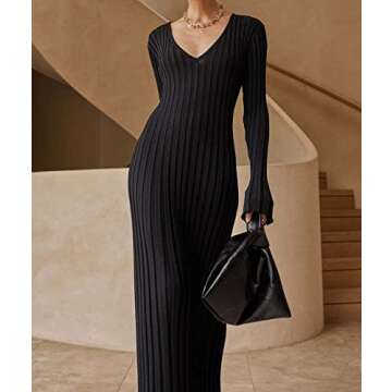 ECDAHICC Women's Sexy Ribbed Knit Sweater Dress Casual Long Sleeve V Neck Bodycon Pleated A Line Long Dress Streetwear (BL,S)