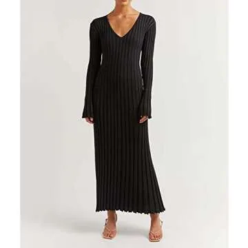 ECDAHICC Women's Sexy Ribbed Knit Sweater Dress Casual Long Sleeve V Neck Bodycon Pleated A Line Long Dress Streetwear (BL,S)