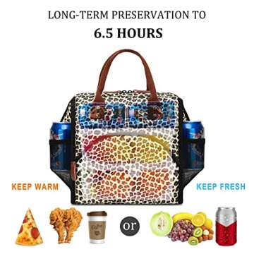 LOKASS Lunch Bag Insulated Lunch Box Wide-Open Lunch Tote Bag Large Drinks Holder Durable PU Leather Snacks Organizer for Women Men Adults Work Outdoor Activies,Leopard Print