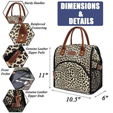LOKASS Lunch Bag Insulated Lunch Box Wide-Open Lunch Tote Bag Large Drinks Holder Durable PU Leather Snacks Organizer for Women Men Adults Work Outdoor Activies,Leopard Print