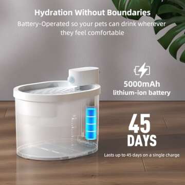 uahpet Cat Water Fountain, Wireless & Battery Operated 2L/67oz Pumpless Automatic Pet Fountain with Motion Sensor, Food-Grade ABS Tray, Easy to Clean Water Dispenser for Cats