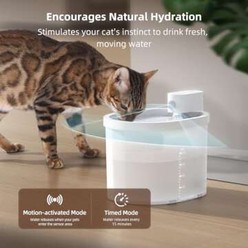 uahpet Cat Water Fountain, Wireless & Battery Operated 2L/67oz Pumpless Automatic Pet Fountain with Motion Sensor, Food-Grade ABS Tray, Easy to Clean Water Dispenser for Cats