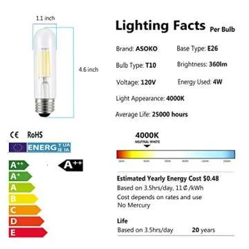 ASOKO Edison Bulb, T10 Daylight 4000K LED Tubular 4W Dimmable Tube Vintage Bulbs 40 Watt Equivalent,E26 Base(3-Pack)