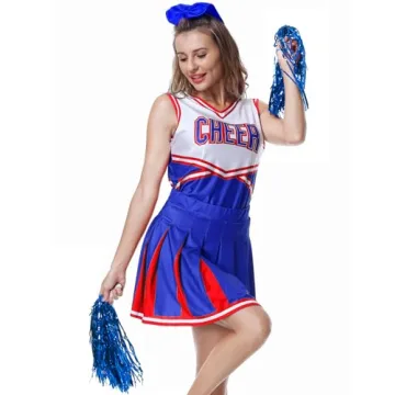 Cheerleader Costume Halloween Outfit with Pom Poms