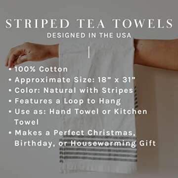 Sweet Water Decor Striped Tea Towel | 100% Cotton | Large Size 31.93 x 18 inches | Cream with Black Decorative Stripes | Bathroom, Kitchen, Dish, or Baby Towel (Three Stipes)
