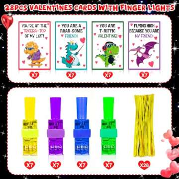 28 Pack Valentines Cards for Kids with Finger Lights, Valentines Day Gifts for Kids, Light Up Toys Bulk Valentines Day Cards for Kids Classroom School Exchange Prize Goodies Bag Filler Party Favors