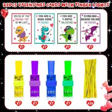 28 Pack Valentines Cards for Kids with Finger Lights, Valentines Day Gifts for Kids, Light Up Toys Bulk Valentines Day Cards for Kids Classroom School Exchange Prize Goodies Bag Filler Party Favors