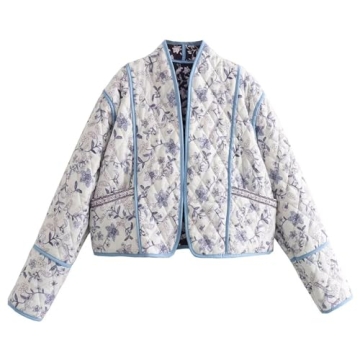 Wyeysyt Women's Cropped Puffer Quilted Jacket Cardigan Floral Printed Lightweight Long Sleeve Open F...