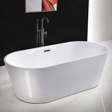 WOODBRIDGE 71" Acrylic Freestanding Bathtub - Luxury Soaking White Tub with Matte Black Overflow and...