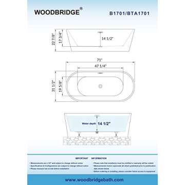 WOODBRIDGE Luxury 71" Acrylic Soaking Bathtub - Elegant Design