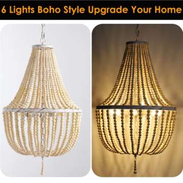 Bohemian Wood Beaded Chandelier - Unique Vintage Style Pendant