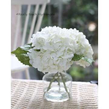 CHASMILE Real Touch Artificial Flowers Whith White Hydrangea in Vase for Home Decoration, Fake Hydra...
