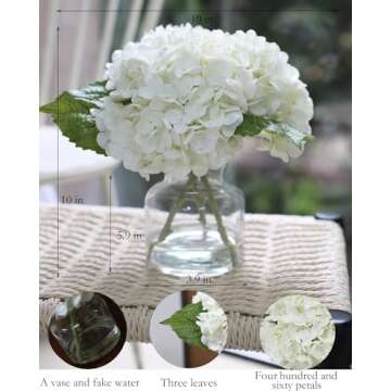 CHASMILE Real Touch Artificial Flowers Whith White Hydrangea in Vase for Home Decoration, Fake Hydrangea Centerpieces for Tables, Lifelike Fake Hydrangea in Vase for Bathroom, Office and Water Bar