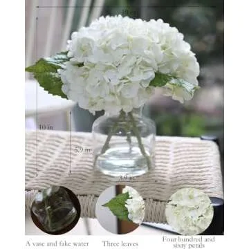 CHASMILE Real Touch Artificial Flowers Whith White Hydrangea in Vase for Home Decoration, Fake Hydrangea Centerpieces for Tables, Lifelike Fake Hydrangea in Vase for Bathroom, Office and Water Bar