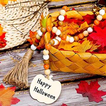 Jlong 2 Pieces Halloween Wooden Bead Garland Tassels Farmhouse Prayer Bead Fall Tiered Tray Ornament...