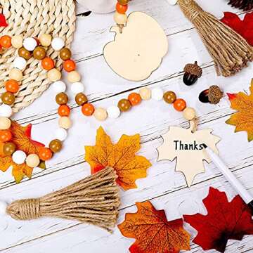 Jlong 2 Pieces Halloween Wooden Bead Garland Tassels Farmhouse Prayer Bead Fall Tiered Tray Ornaments with Pumpkin and Maple Leaves for Thanksgiving Day Fall Harvest Fireplace