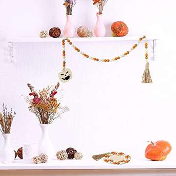 Jlong 2 Pieces Halloween Wooden Bead Garland Tassels Farmhouse Prayer Bead Fall Tiered Tray Ornaments with Pumpkin and Maple Leaves for Thanksgiving Day Fall Harvest Fireplace