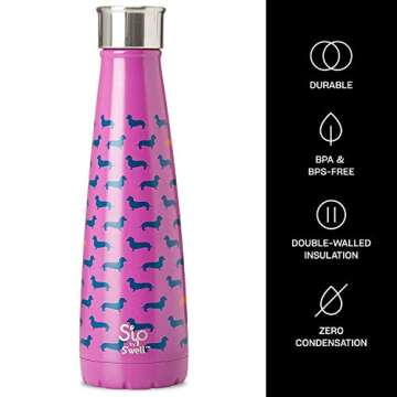 S'ip by S'well Stainless Steel Water Bottle - 15 Fl Oz - Purple - Double-Layered Vacuum-Insulated Containers Keeps Drinks Cold for 24 Hours and Hot for 10 - BPA-Free Travel Water Bottle