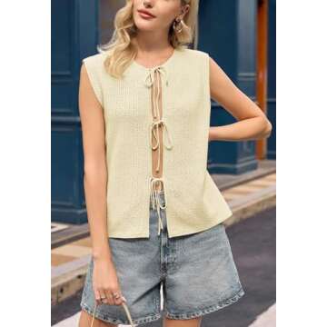 Yousify Sweater Vest Women Beige Lightweight Crochet Knit Front Tie Tops for Women Sleeveless Womens...