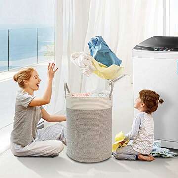 Hlryudo Large Tall Cotton Rope Basket, 15.7x15.7x21.7in Laundry Basket with Handle, Nursery Organizers and Storage for Blanket Towel Clothes Organizing (White&Brown)