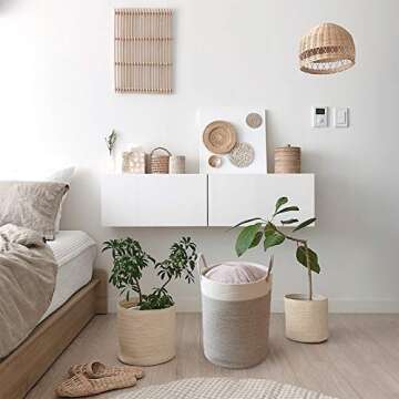 Hlryudo Large Tall Cotton Rope Basket, 15.7x15.7x21.7in Laundry Basket with Handle, Nursery Organizers and Storage for Blanket Towel Clothes Organizing (White&Brown)