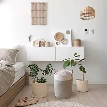 Hlryudo Large Tall Cotton Rope Basket, 15.7x15.7x21.7in Laundry Basket with Handle, Nursery Organizers and Storage for Blanket Towel Clothes Organizing (White&Brown)