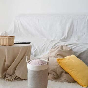 Hlryudo Large Tall Cotton Rope Basket, 15.7x15.7x21.7in Laundry Basket with Handle, Nursery Organizers and Storage for Blanket Towel Clothes Organizing (White&Brown)