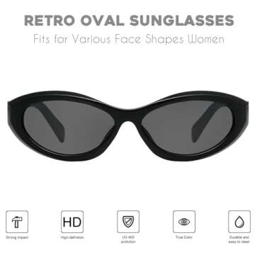 mosanana Oval Cat Eye Sunglasses for Women Black Retro Vintage Trendy Fashion Cute Cool Small Face 9...