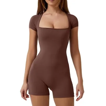 QINSEN Women's Sexy Square Neck Unitard Bodysuit Bodycon Stretchy One Piece Jumpsuits Shorts Rompers...